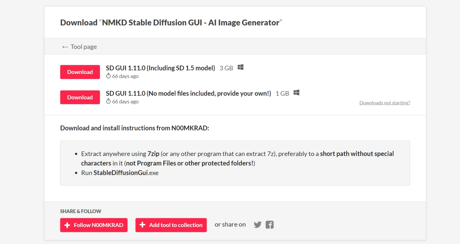 Версии установщика NMKD Stable Diffusion GUI для Windows